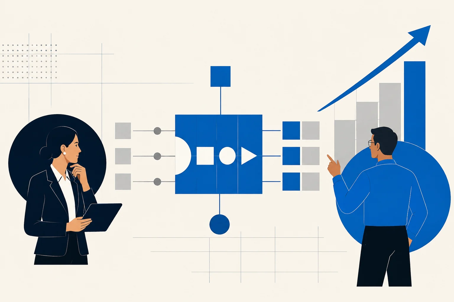 Two specialists connecting business decisions, technology and growth